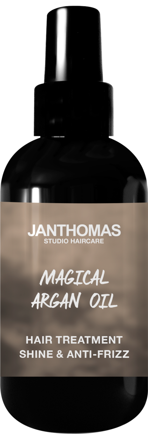 A black bottle with a spray top, labeled 'Magical Argan Oil' for hair care, shiny and anti-frizz.
