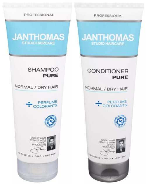 Two Janthomas haircare tubes, one shampoo and one conditioner, for normal to dry hair, with perfume colorants.