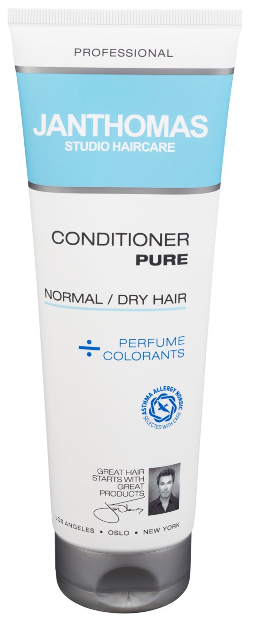 A white and blue tube of Janthomas conditioner for normal or dry hair, with perfume and colorant. Label includes a professional look.