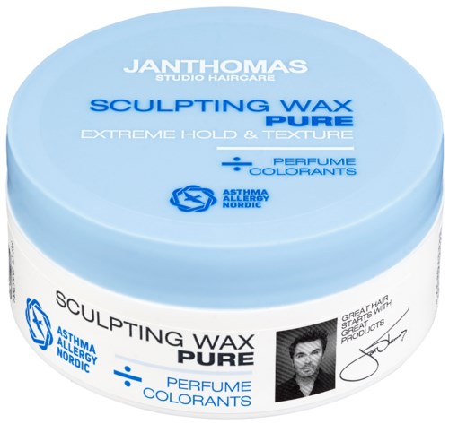 A blue hair wax jar labeled 'Sculpting Wax Pure' with claims of hold, texture, and added perfume and colorants.