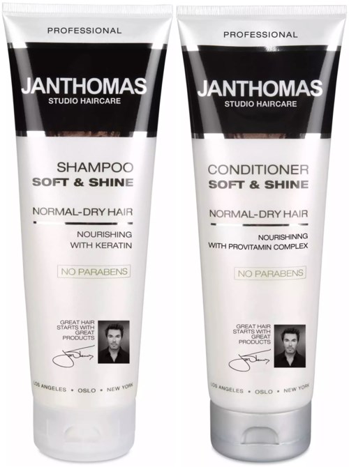 Two tubes of hair care products labeled 'Shampoo' and 'Conditioner' for normal-dry hair, nourishing with keratin, no parabens.