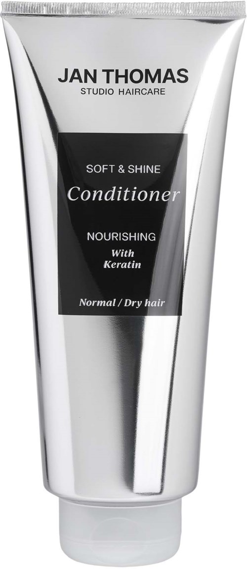 A tube of Jan Thomas hair conditioner for normal or dry hair with keratin, designed for soft, shiny, nourishing hair.