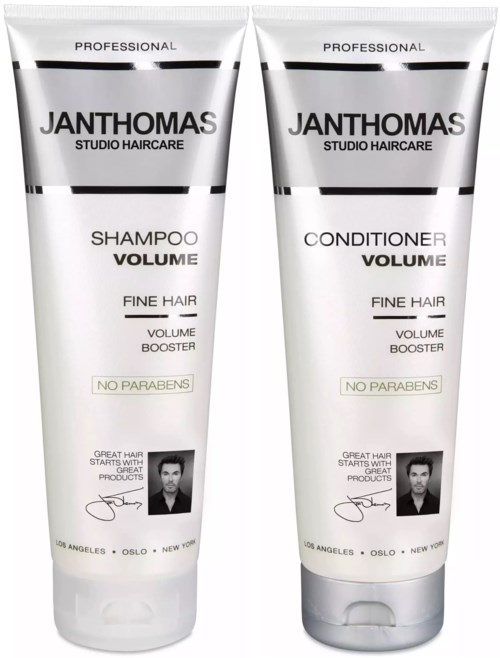 Two hair care tubes for volume, one shampoo and one conditioner, with black and white design, no parabens, from Janthomas.