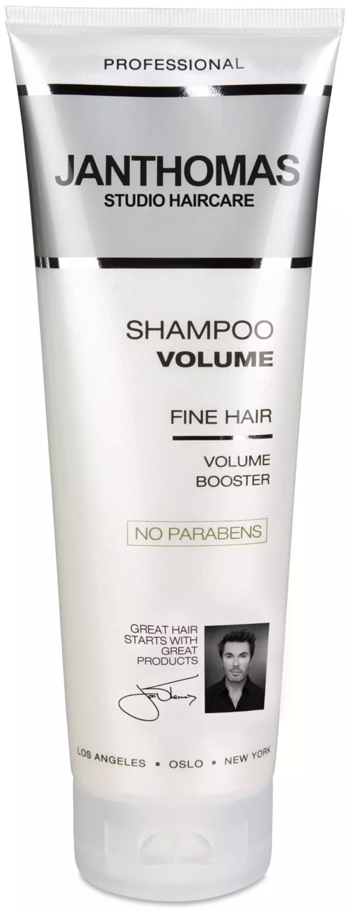 Tube of shampoo for fine hair that boosts volume, no parabens, from Janthomas Studio Haircare.