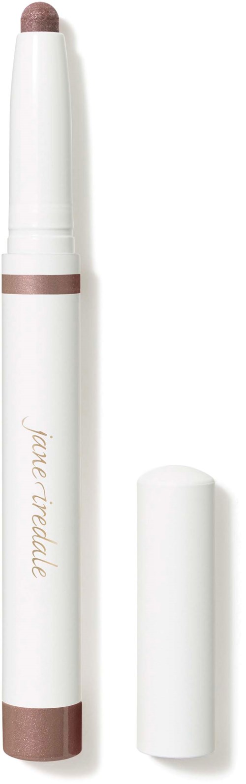 A white makeup or cosmetic stick with a beige color on the tip and base, and gold writing on the side.