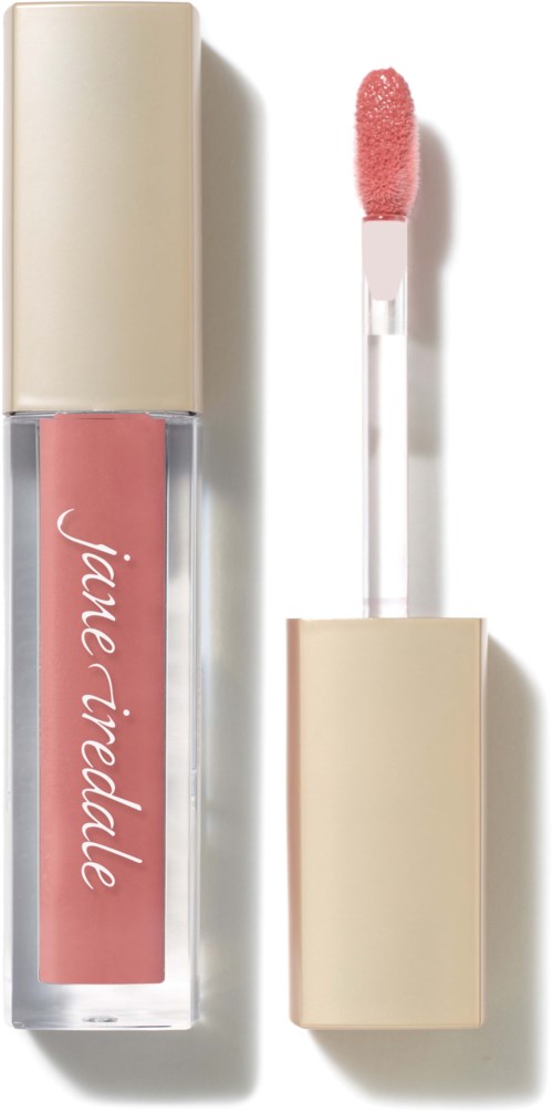 En läppglanstub med beige lock, rosa gloss och en applikator bredvid.