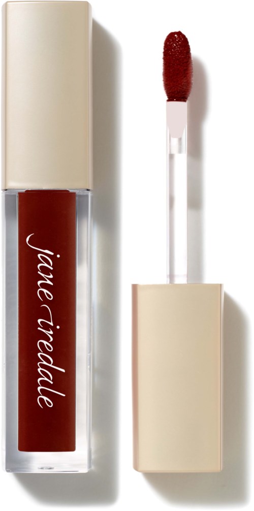 A lip gloss tube with a beige cap and a red liquid inside, with the brand name 'jane iredale' on it.