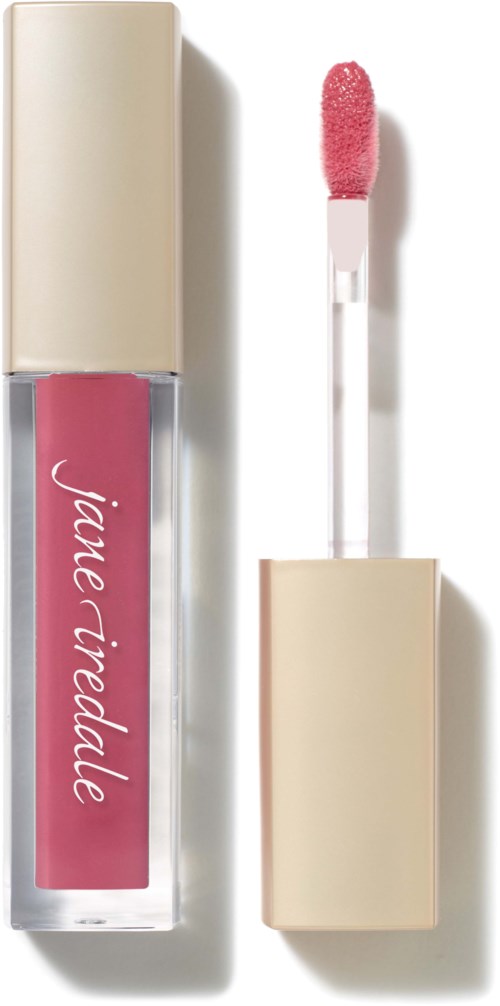 Läppglans i rosa med beige lock och genomskinlig kropp som visar varumärket. Applicatorn är bredvid.