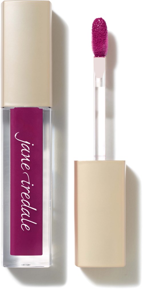 Lip gloss tube with a pink shade and a white cap, with a doe-foot applicator attached.