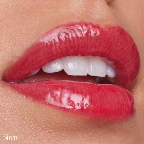 Close-up of lips with shiny red lipstick, slightly open showing white teeth, skin tone visible.