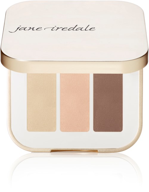 A compact makeup palette with beige, pink, and brown shades, labeled 'Jane Iredale' on the lid.