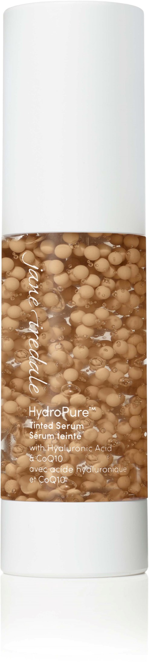 A white bottle with transparent section showing small brown beads, labeled HydroPure, likely a skincare product.