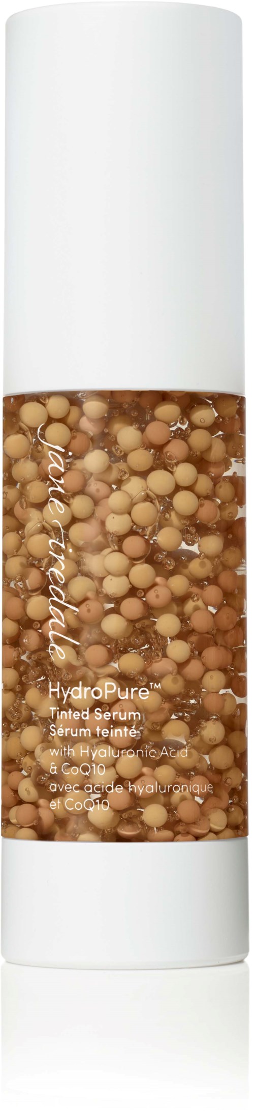 En flaska med små beige bollar inuti, märkt HydroPeptide HydroPure, ett hudvårdserum.