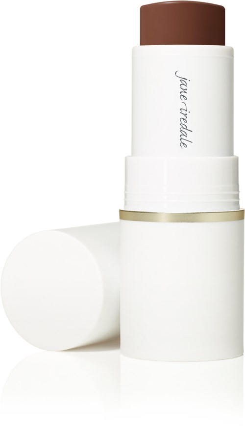En vit cylinderformad behållare med beige och vita band och en brun topp, märkt 'jane iredale'.