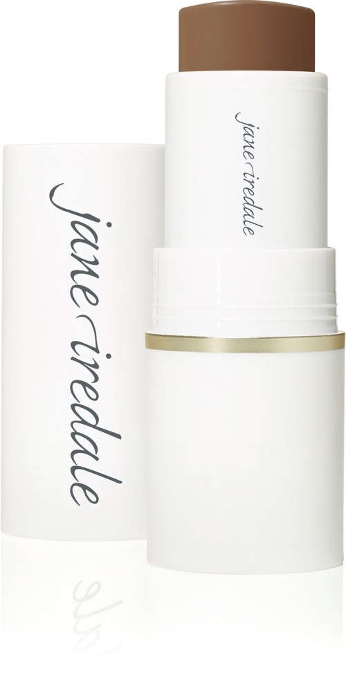 En vit kosmetikförpackning med beige lock och varumärket 'Jane Iredale' skrivet på den.