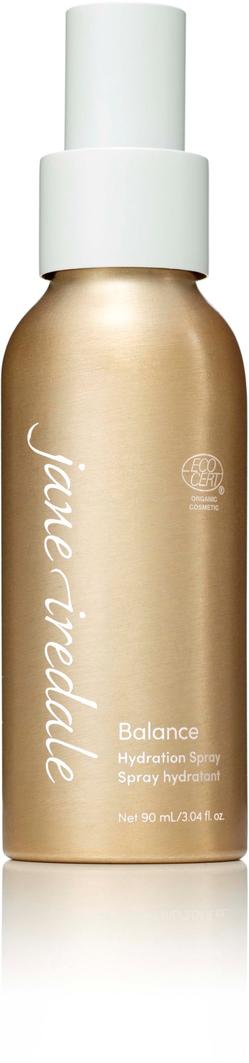 A gold spray bottle with a white cap and label, named 'Jane Iredale', for hydration and balance.