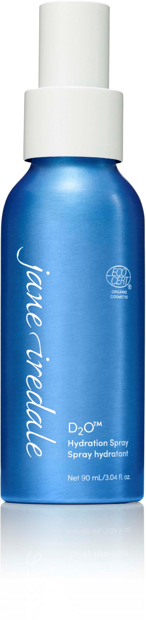 A blue spray bottle labeled 'Jane Iredale D2O Hydration Spray' with a white cap.