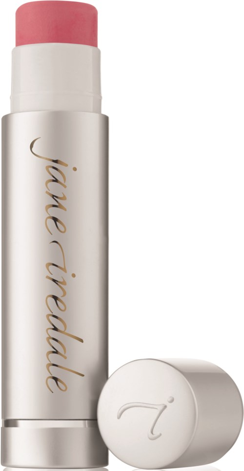 A lipstick with a pink balm and a sleek silver tube, decorated with the name 'jane iredale'.