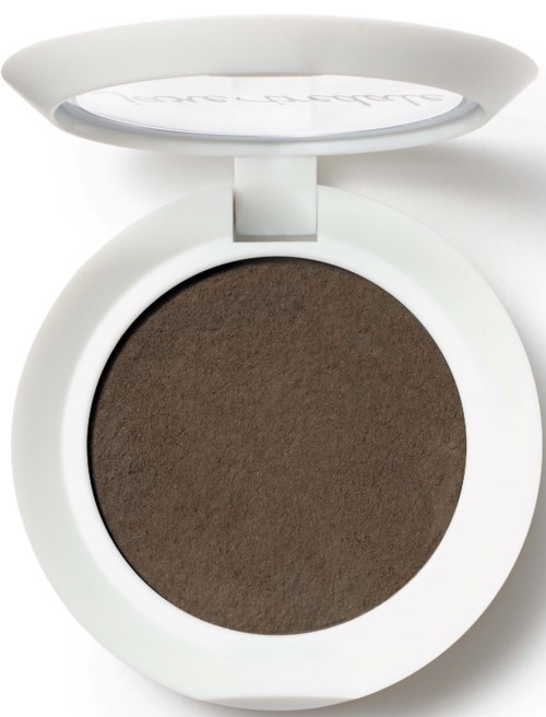 Ett litet makeup-arsenal med vit skal och brunt pulver, och en spegel på locket.