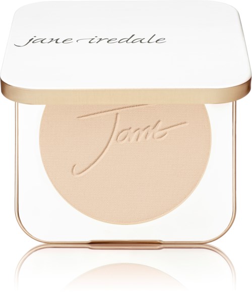A makeup compact with the brand name 'Jane Iredale' on the lid and pressed powder inside.