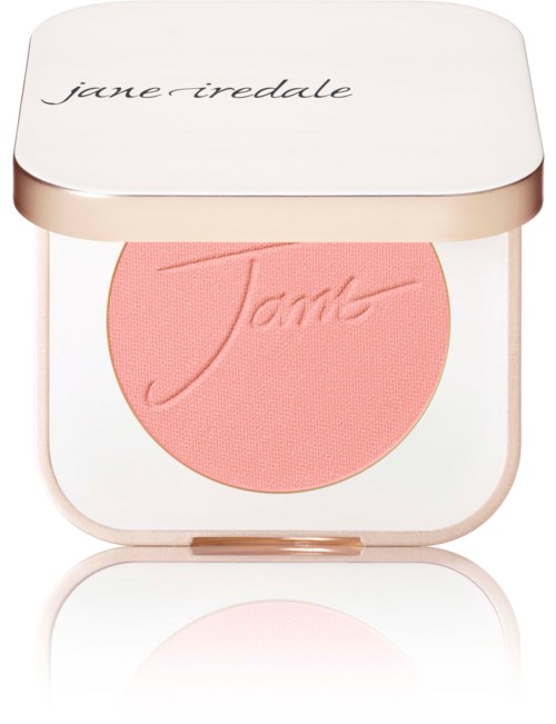 En rosa rougekompakt med "Jane Iredale" skrivet på locket och präglat på pudret.