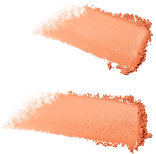 Två persikofärgade makeupborstar med puder på borstena, placerade diagonalt. De används för att applicera blush eller bronzer.