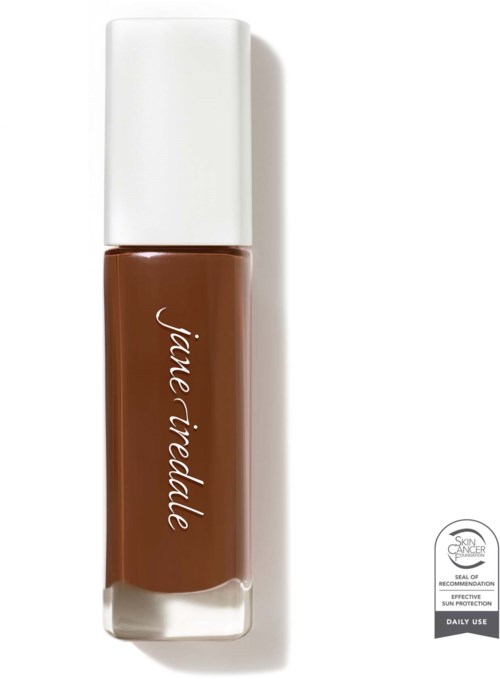A brown liquid lipstick in a clear tube with a white cap, labeled 'jane iredale'.