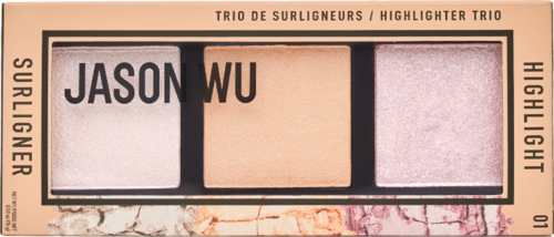 Een make-up palet met drie secties, gemarkeerd Surligneur, highlighter-tinten en een merknaam, Jason Wu.