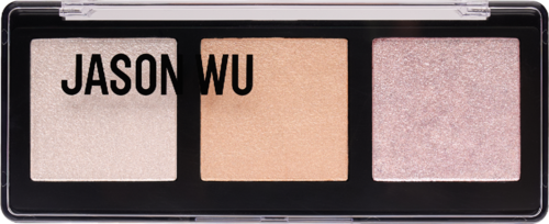 Lichte highlighterkleuren in een zwarte palette met naam overlay, suggereert een make-up of schoonheidsproduct.