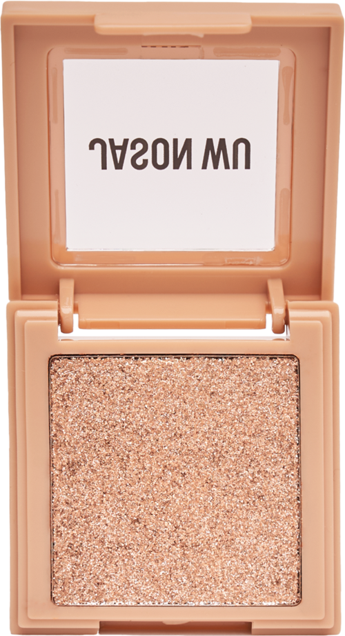 Een vierkante make-up compact met glitterend poeder en een spiegel in deksel.