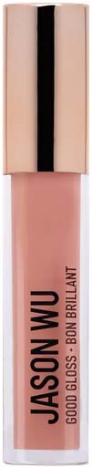 Een lipgloss-flacon met een zwarte en gouden dop, gemerkt 'JASON WU GOOD GLOSS BON BRILLANT' in zwarte tekst.