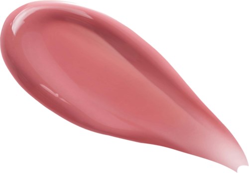 Ett rosa, glänsande kosmetikprodukt, kanske läppglans eller nagellack, med en tårform på en vit bakgrund.