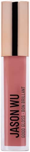 Ein Lippenstift mit rosa Flüssigkeit, Goldkappe und schwarzem Akzent. Das Etikett sagt 'JASON WU GOOD GLOS BON BRILLANT.'