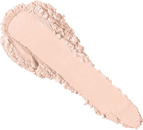 En ljusrosa makeupborste eller svamp med puder runt den på vit bakgrund.