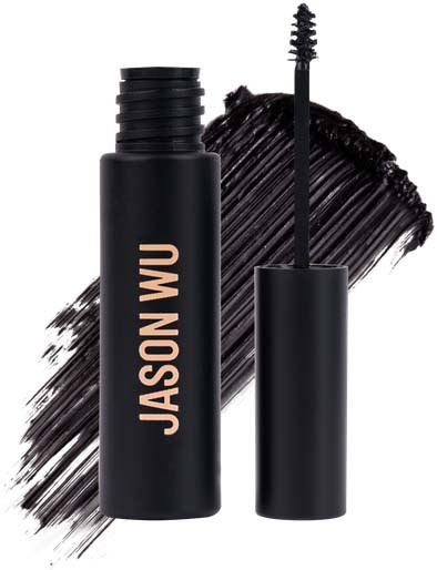 En svart mascara-flaska med öppen borste och wand, märkt "Jason Wu," mot en svart penseldesignbakgrund.