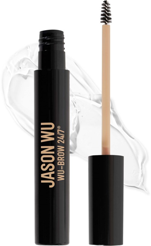 Een zwarte tube wenkbrauwproduct met borstel, gelabeld 'JASON WU-BROW 24/7' met witte crème op de achtergrond.