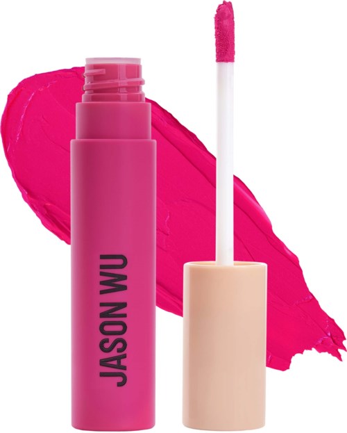 Pink flytande läppstift med vit applikator och beige lock, märkt 'JASON WU'.