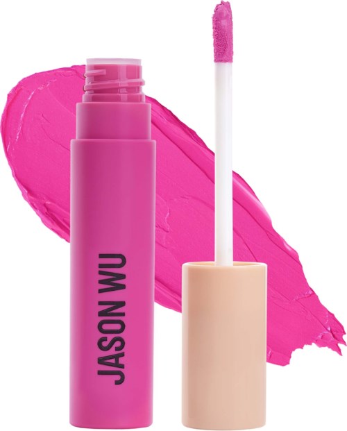 Pink behållare med en kork och en tampong, med sminkfläck på rosa. Texten säger 'JASON WU.'
