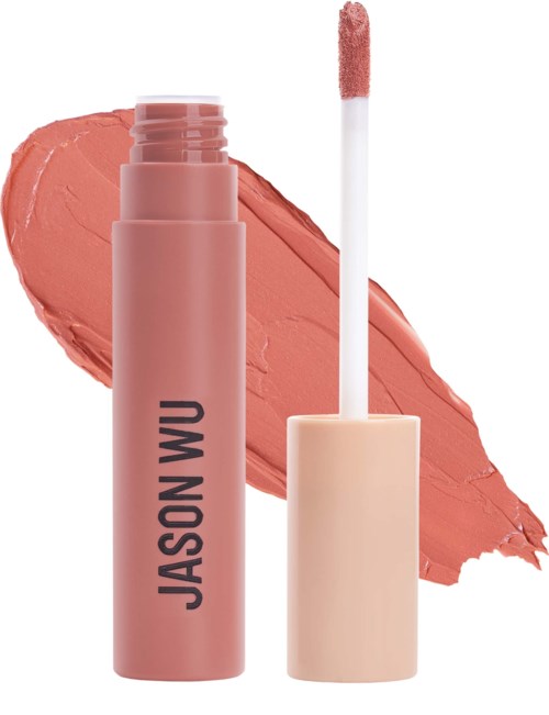 Ett läppglansrör med beige lock och en swatch av rosa-nude färg bakom.