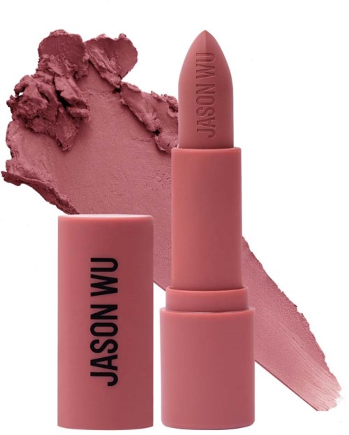 Ein rosa Lippenstift mit schwarzem JASON WU-Label und rosa Make-up-Proben-Hintergrund.