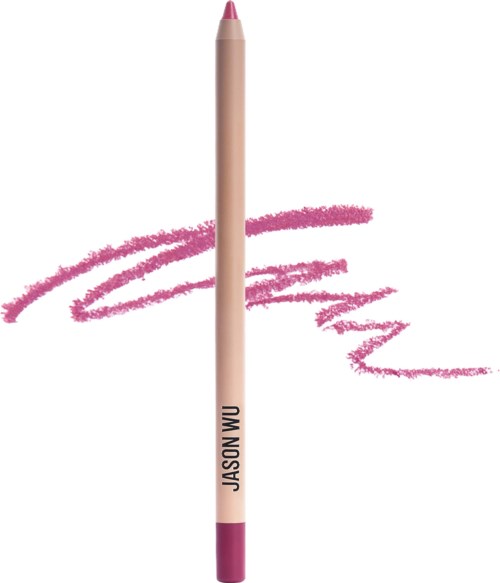 En rosa sminkpenna med rosa spets och namnet 'Jason Wu' skrivet på den, som ritar rosa linjer.