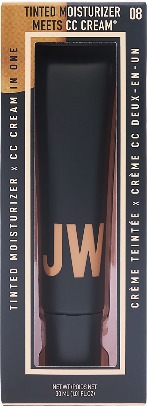 En box med JW tonad fuktkräm och CC-kräm med en svart tub inuti, dekorerad i neutrala toner.