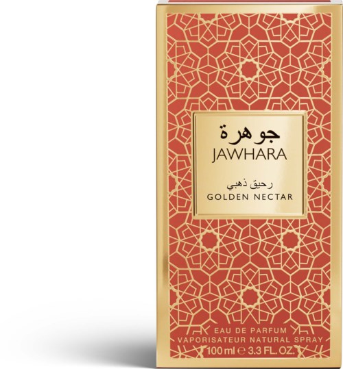 A perfume box with an intricate red and gold pattern, labeled with Arabic and English text for Jawhara Golden Nectar.