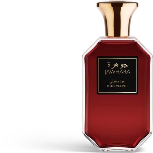 A perfume bottle with red liquid, gold cap, and black label with gold and Arabic text.