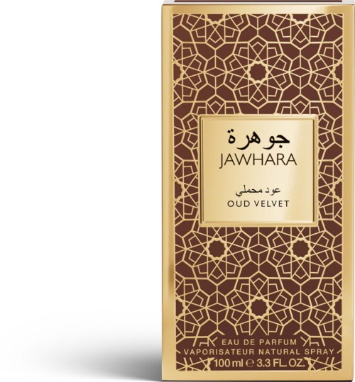 A gold and brown perfume box with Arabic patterns, labeled Jawhara Oud Velvet. Contains 100ml Eau de Parfum.
