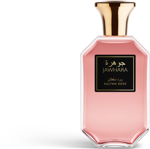 A pink perfume bottle with a black and gold label and a gold cap. The label says Jawhara Sultan Rose.