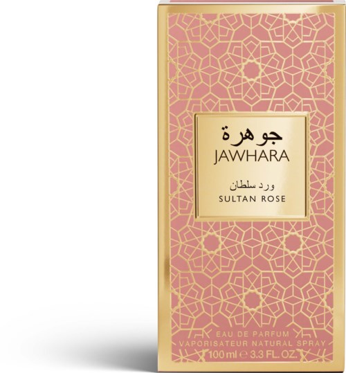 A perfume box with pink and gold geometric patterns and a label saying Jawhara Sultan Rose.