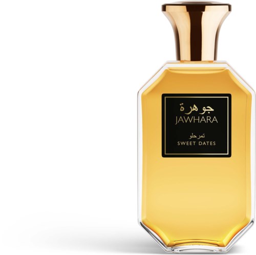 A perfume bottle with a gold cap and a label saying Jawhara Sweet Dates in Arabic and English.