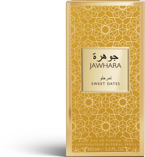 Golden box with geometric patterns, labeled Jawhara Sweet Dates perfume in Arabic and English.