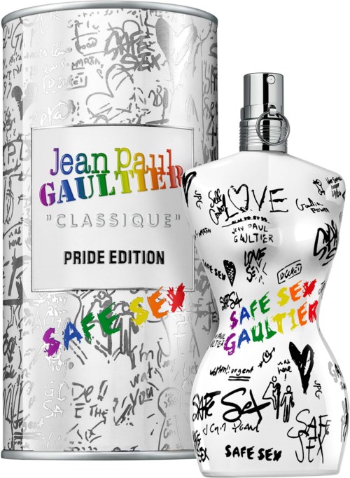 En parfälskampanj med graffiti-stil och färgglad text. Texten inkluderar 'SAFE SEX GALLIER' och 'PRIDE EDITION.'
